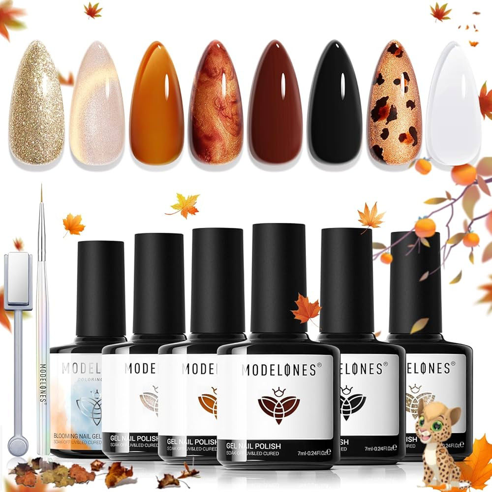 Modelones Gel Nail Polish Set, 6 Fall Colors Clear Blooming Nude Gold Glitter Cat Eye Gel Polish ... | Amazon (US)