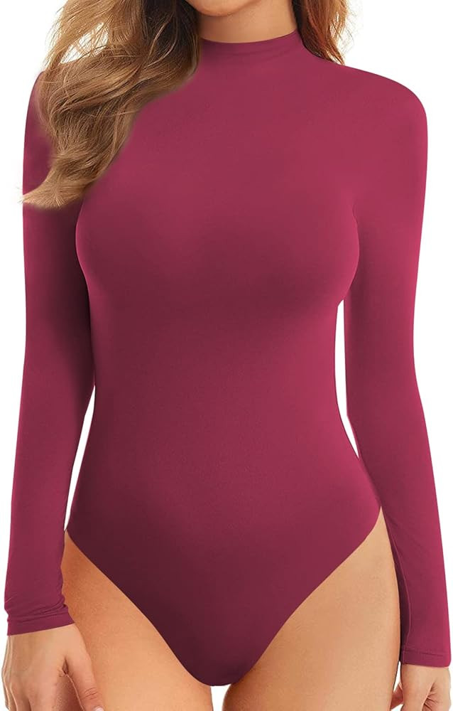 MANGOPOP Mock Turtle Neck Double Lined Long Sleeve Body Suits for Women Basic Body Suit Going Out... | Amazon (US)