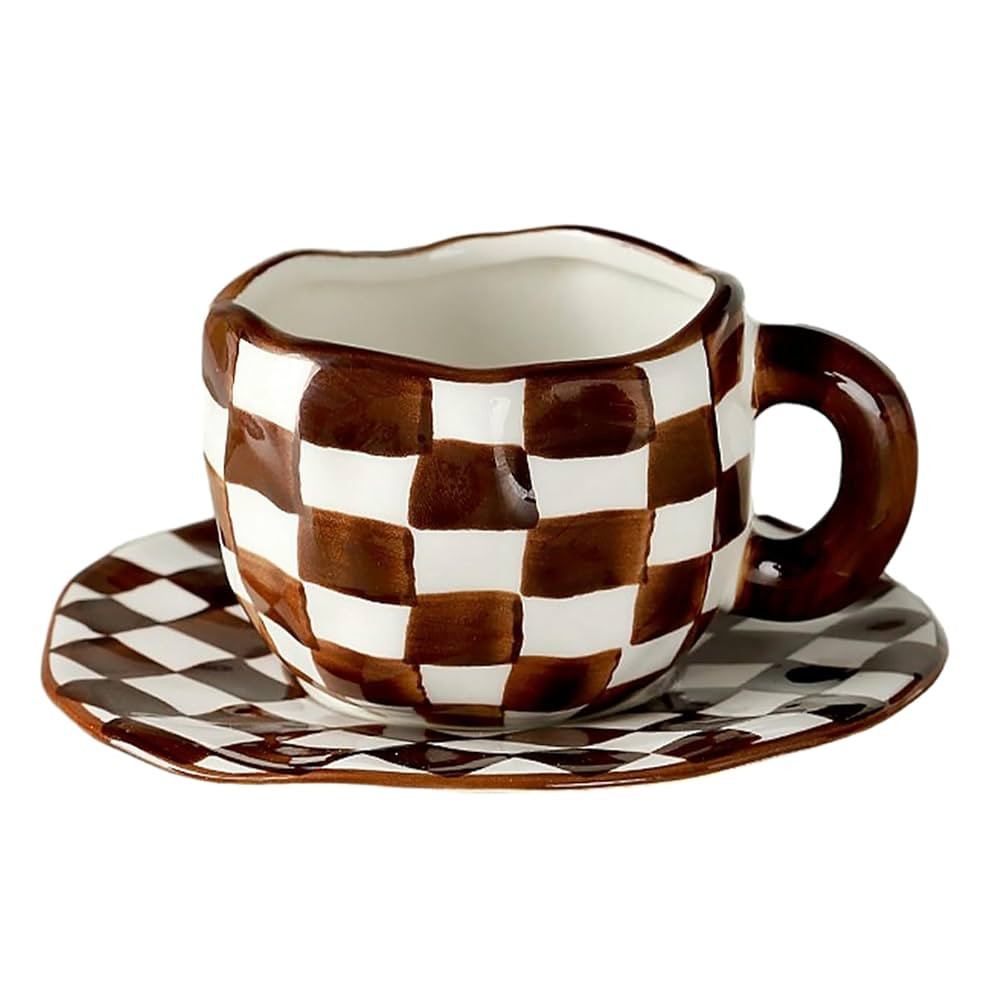 300ml/10oz Creative Personalized Ceramic Mug Cute Girl Coffee Cup Set-Hand held checkered cup and... | Amazon (CA)