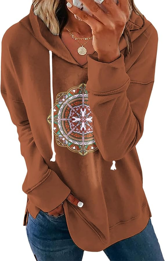 Women's Brown Mandala Print Hoodie Long Sleeve Loose Fit Pullover Sweatshirt With Drawstring For ... | Amazon (US)