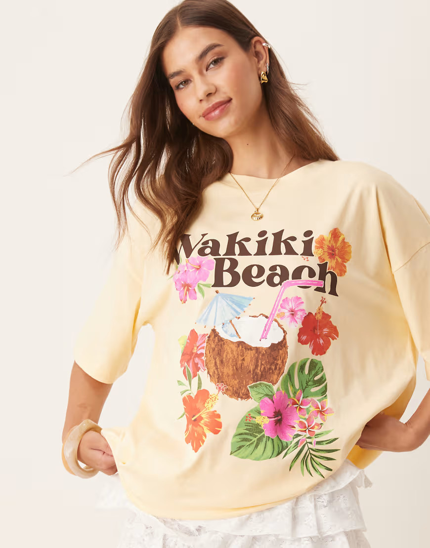 ASOS DESIGN oversized tee with tropical holiday graphic in buttermilk-Yellow | ASOS (Global)