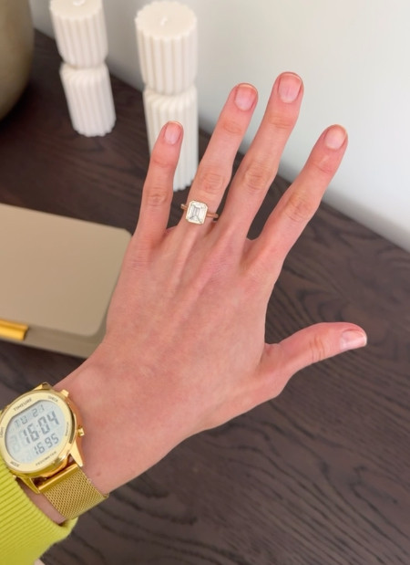This emerald cut moissanite ring from Amazon is such a good find under $150!! 💍 Perfect for travel, everyday errands, or anytime I want to keep my real ring safe but still have something pretty on.  

 #LTKgrwm #LTKootd #LTKmomlife