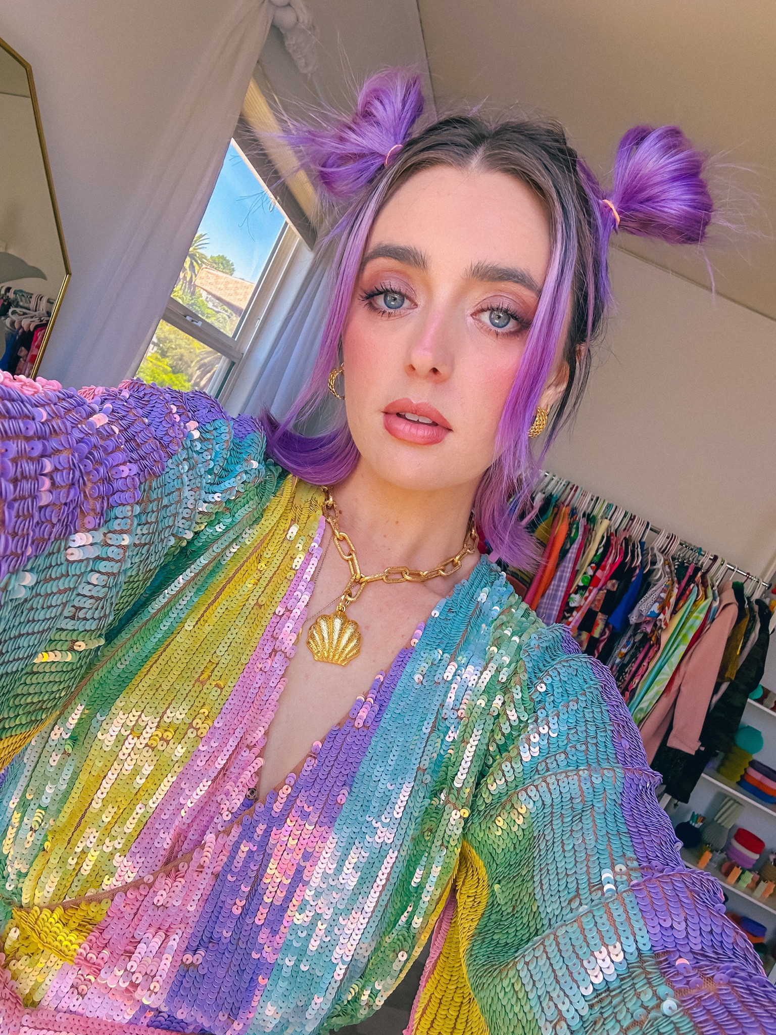 a mermaid moment 🧜‍♀️🌈🐚✨

Champagne wears a rainbow multi-colored sequin glitter wrap dress with gold shell necklace and gold hoop earrings. Natural makeup and purple hair.

#beauty #skincare #makeup #dopaminedressing #maximalist #maximalism 

#LTKparties #LTKSeasonal #LTKHoliday