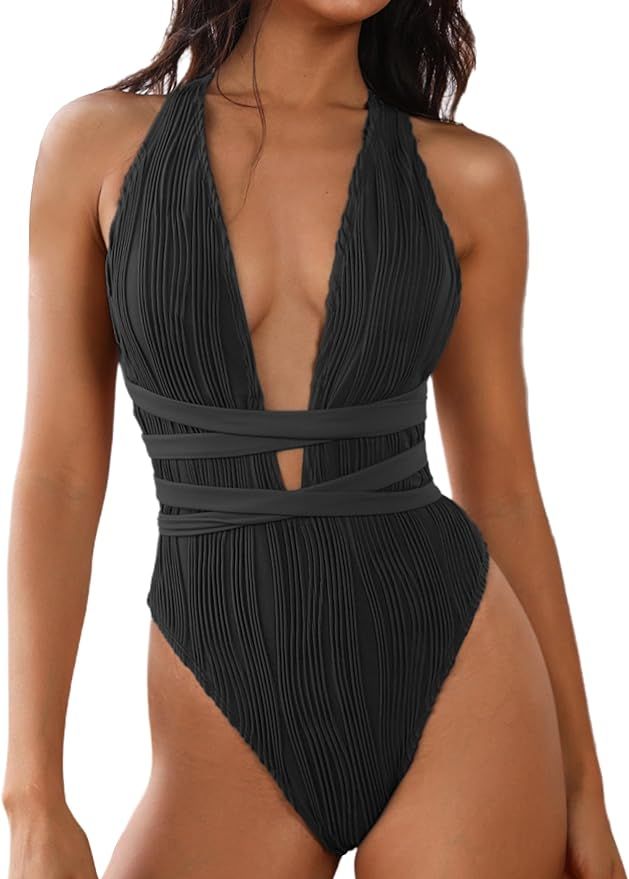 ZAFUL Women's One Piece Swimsuit Deep V Neck Self Tie High Cut Crisscross Back Bathing Suit | Amazon (US)