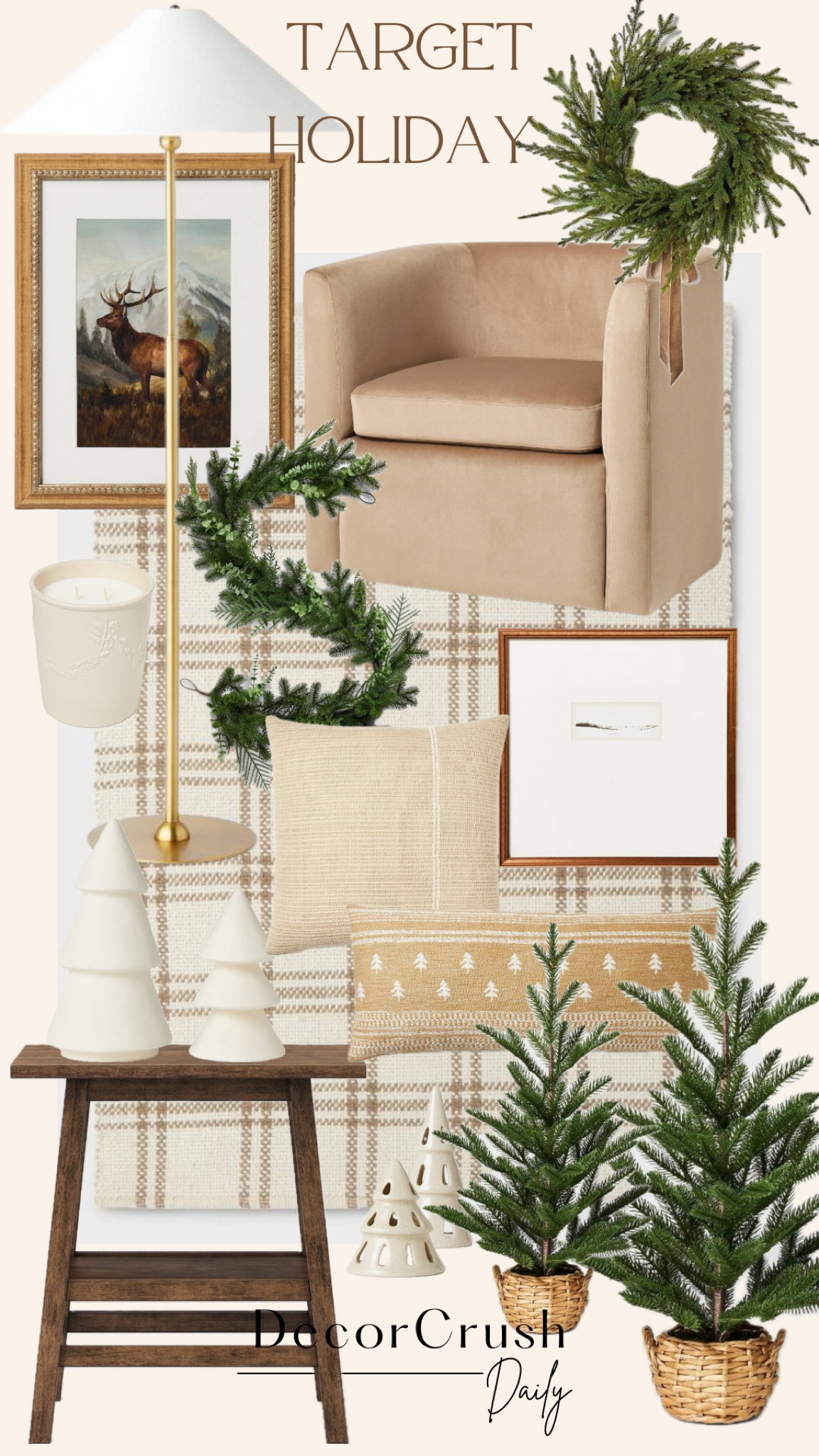 Holiday Decor, accent chair, garland, lamp, throw pillows, wall art, candle, wreath,decorative tree, stool

#LTKSeasonal #LTKhome #LTKHoliday
