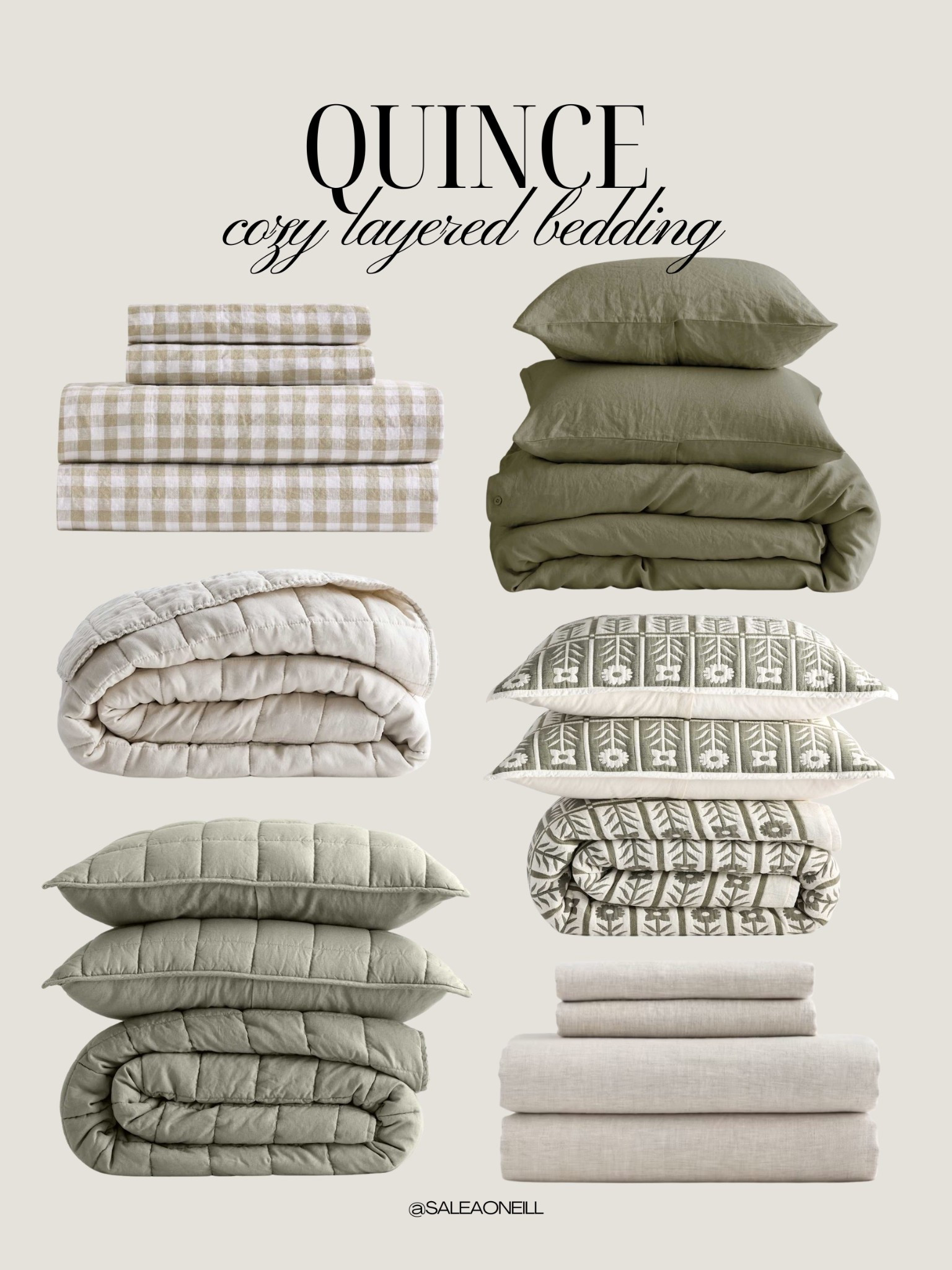 new color from quince!! willowleaf is a stunning light green that pairs well with dark green or neutral bedding ☁️ 

code INFG-26SALEAONEILL10 for 10% off your first order! 


Quince, quince bedding, linen bedding, cozy bedding, neutral bedding, layered bedding, quilts, green bedding