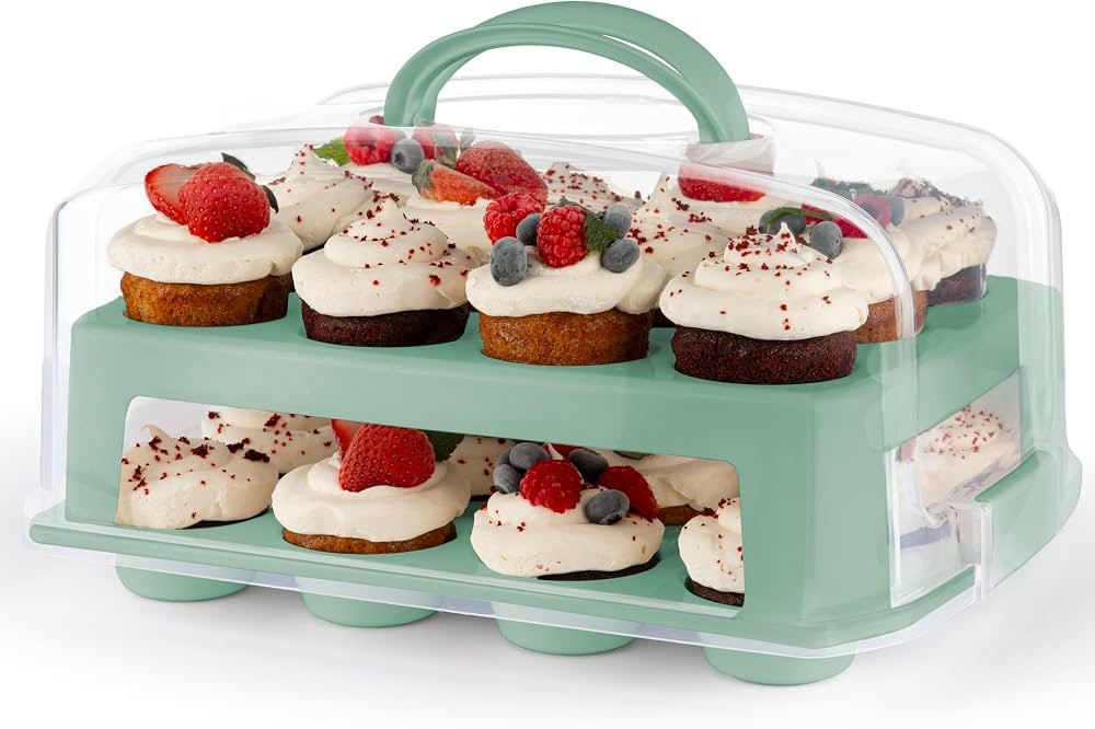 Cupcake Carrier 24 Count - Sturdy Cupcake Holder with Lid & 2 Handles, Stylish Two-Tier Cupcake C... | Amazon (US)