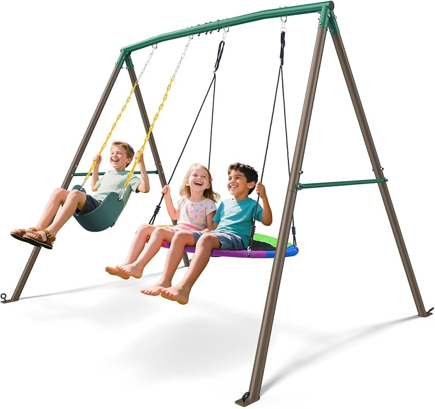 Trekassy 440lbs Swing Sets for Backyard - 2 Seat Outdoor Kids Playset with Saucer & Belt Swing, H... | Amazon (US)