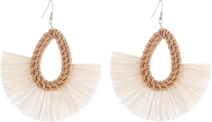 Ladies Handmade Rattan Earrings - Tassel A Type Straw Wicker Earrings Bohemian Geometry Earrings ... | Amazon (US)