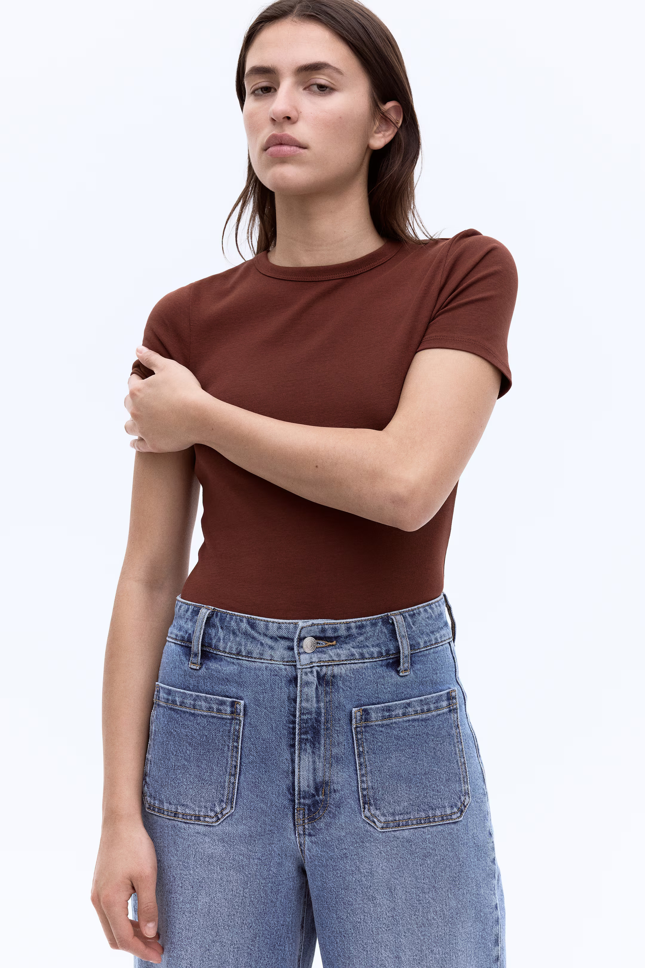 Fitted T-shirt - Brown - Ladies | H&M GB | H&M (UK, MY, IN, SG, PH, TW, HK)