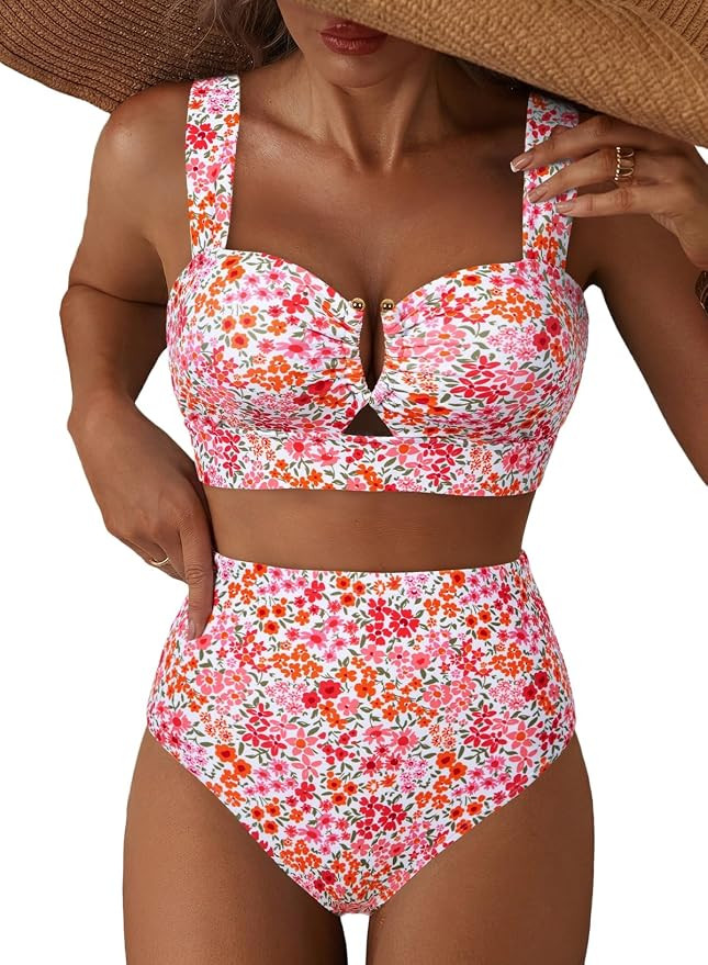 Women's High Waisted 2 Piece U Wire Cutout Bikini Sets | Floral Print Swim Suit, High Cut Wire Fr... | Amazon (US)