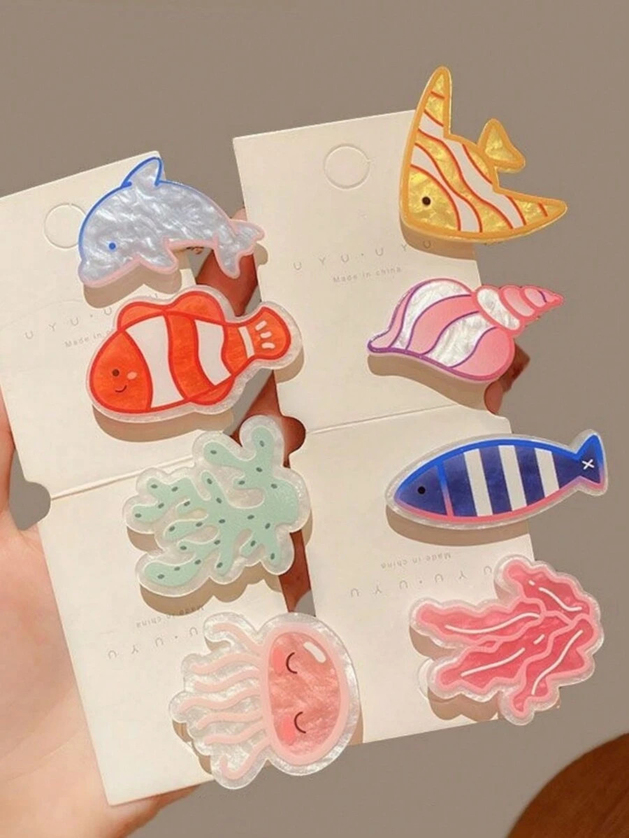8pcs Versatile Adorable Ocean Series Hair Clips With Dolphins, Seaweed, Octopus, Seashells, Suita... | SHEIN