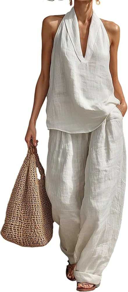 Women's 2 Piece Set Summer Sleeveless Halter Neck Tank Top Wide Leg Pants with Pockets, Casual Va... | Amazon (US)