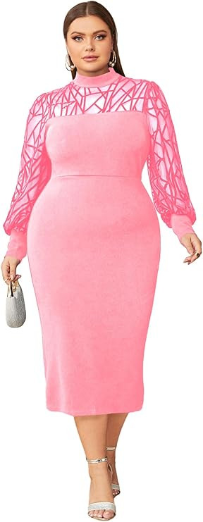 WDIRARA Women's Plus Size Mesh Bishop Long Sleeve Mock Neck Split Back Maxi Dress | Amazon (US)