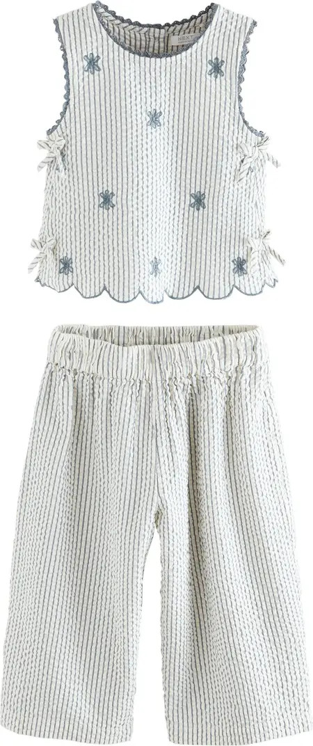 Kids' Floral Embroidered Sleeveless Cotton Seersucker Top & Pants Set | Nordstrom