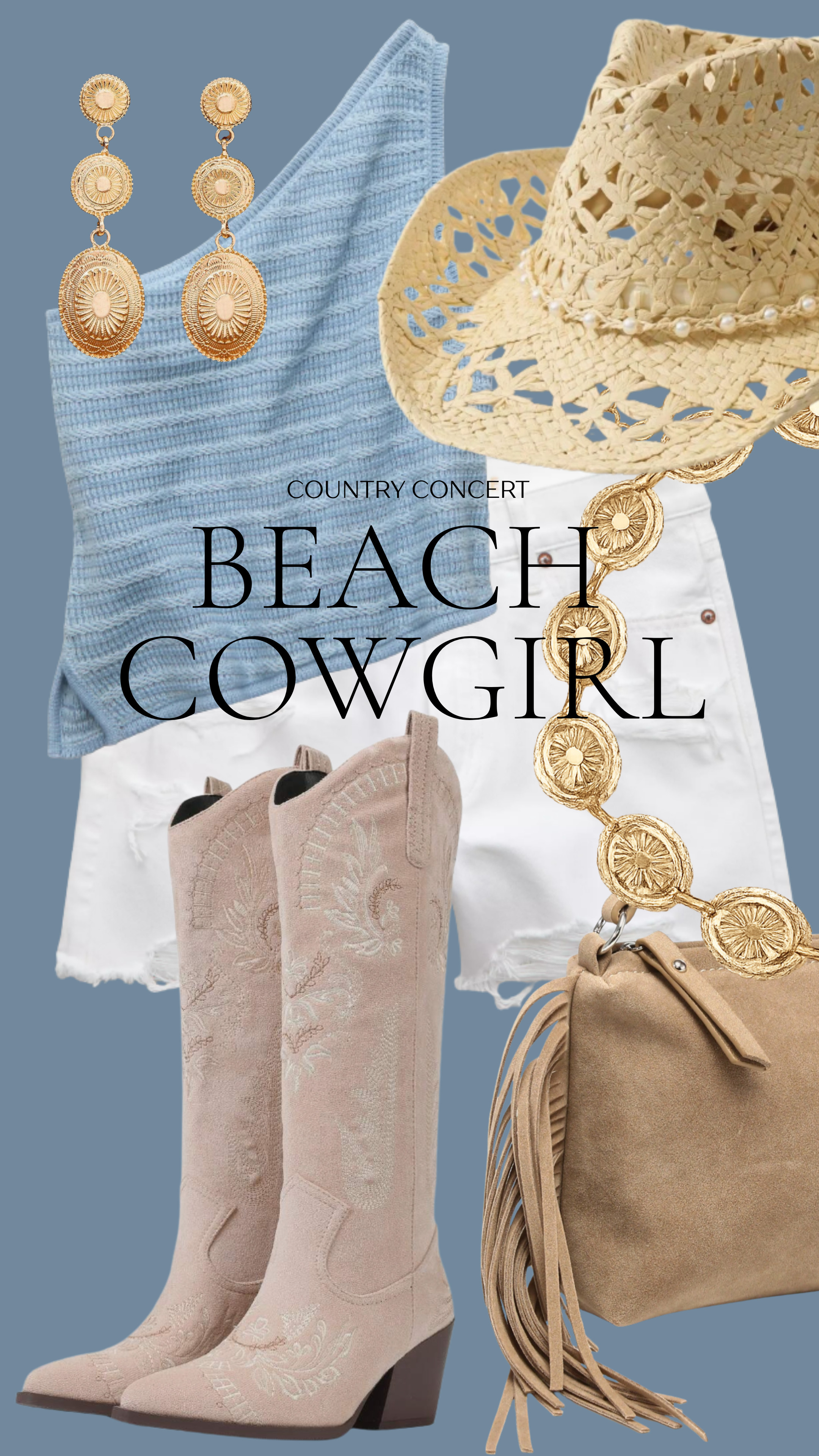 Soft blues, crisp white denim, western boots, and the prettiest gold accessories for the ultimate beach cowgirl look. Whether you're headed to a country concert, festival, or summer night out, this outfit checks every box! ✨

#LTKStyle #LTKFinds #CountryConcertOutfit #BeachCowgirl #WesternStyle #SummerStyle #FestivalFashion #CowgirlChic #ConcertSeason #OOTD

#LTKootd #LTKSeasonal #LTKSaleAlert