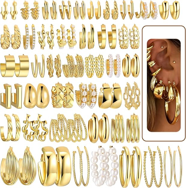 42 Pairs Gold Hoop Earrings Set for Women, Hypoallergenic Multipack Small to Chunky Hoops, Pearl ... | Amazon (US)