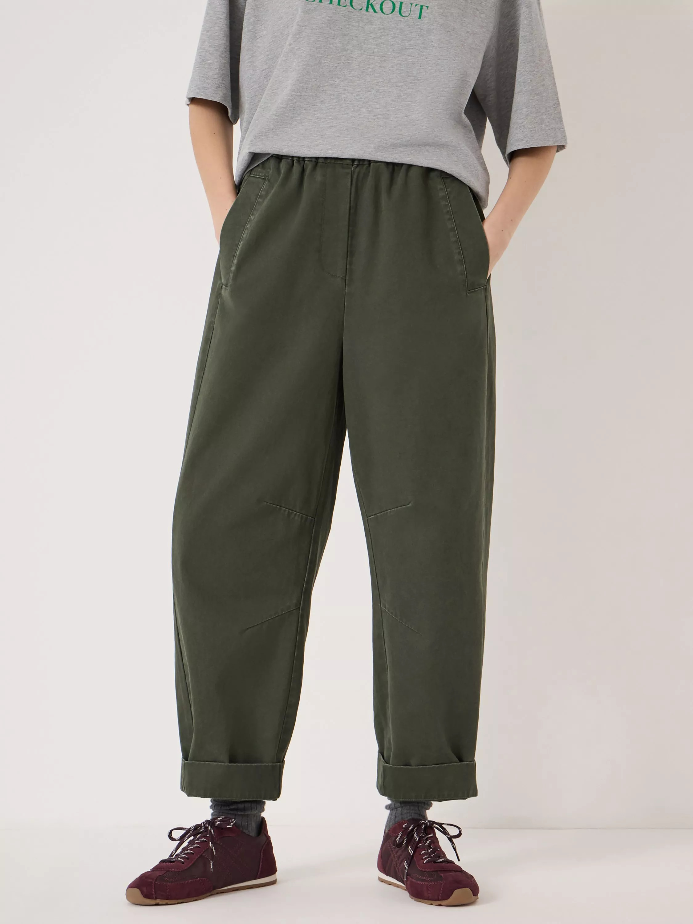 HUSH Jack Cotton Barrel Leg Trousers, Dark Khaki Green | John Lewis (UK)