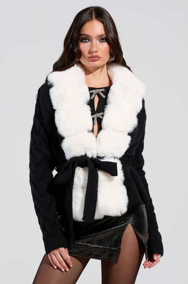 BABBS KNIT FUR TRIM CARDIGAN WITH SELF TIE BELT | AKIRA