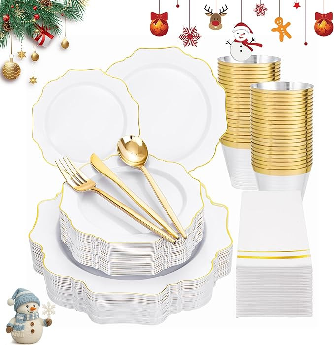 WDF 175Pcs Gold Plates Disposable - White and Gold Plastic Plates 25guest Plastic Dinnerware Idea... | Amazon (US)