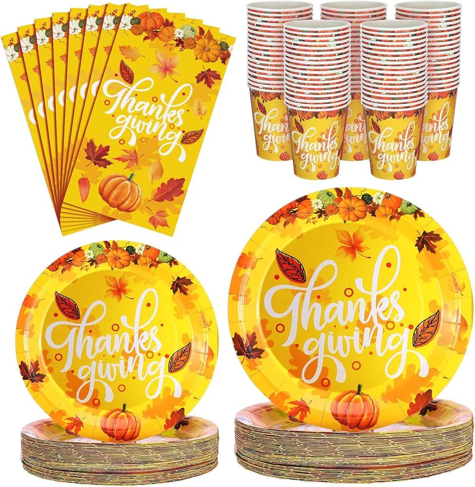 Sliner 200 Pcs Thanksgiving Turkey Disposable Dinnerware Set for Party Supplies Maple Leaves Pump... | Amazon (US)