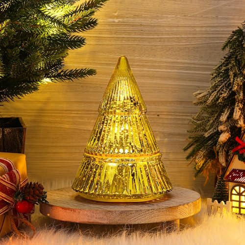 Conelist Gold Christmas Tree Shape Flameless Candles Battery Operated Glass Xmas Tree Candle with Remote Table Centerpiece Decorations Mercury Christmas Lights for Holiday Winter Gift | Amazon (US)
