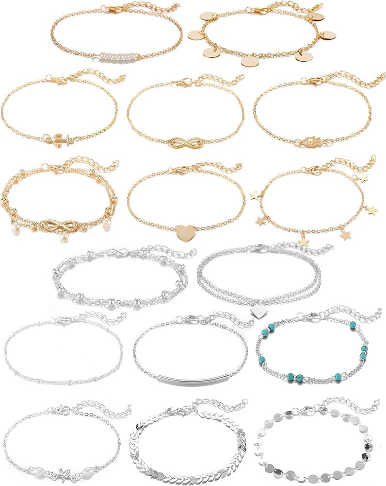 Softones 16Pcs Ankle Bracelets for Women Gold Silver Two Style Chain Beach Anklet Bracelet Jewelr... | Amazon (US)