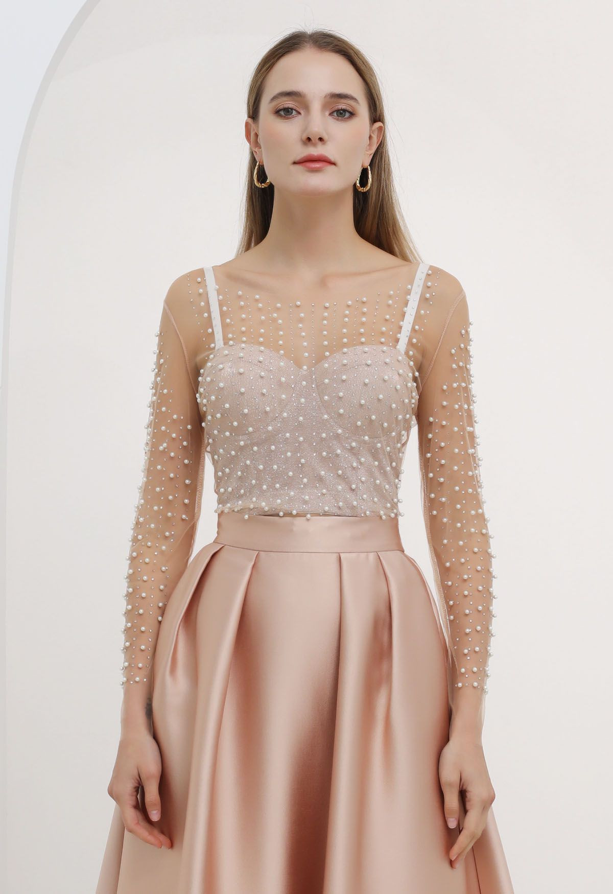 Full Pearl Embellished Sheer Mesh Top in Tan | Chicwish