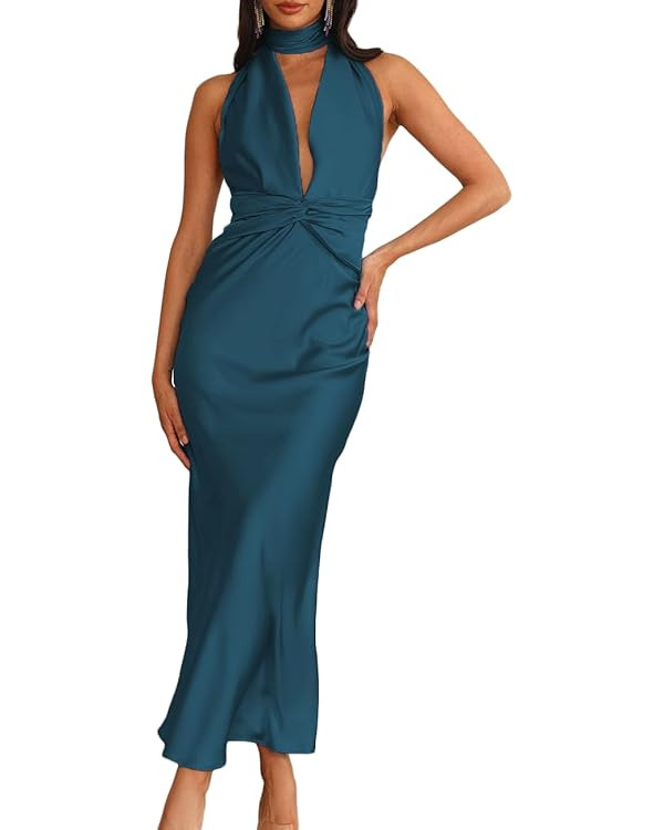 Summer Sexy Satin Backless Halter Maxi Dress for Women Elegant Sleeveless V Neck Twist Wedding Gu... | Amazon (US)