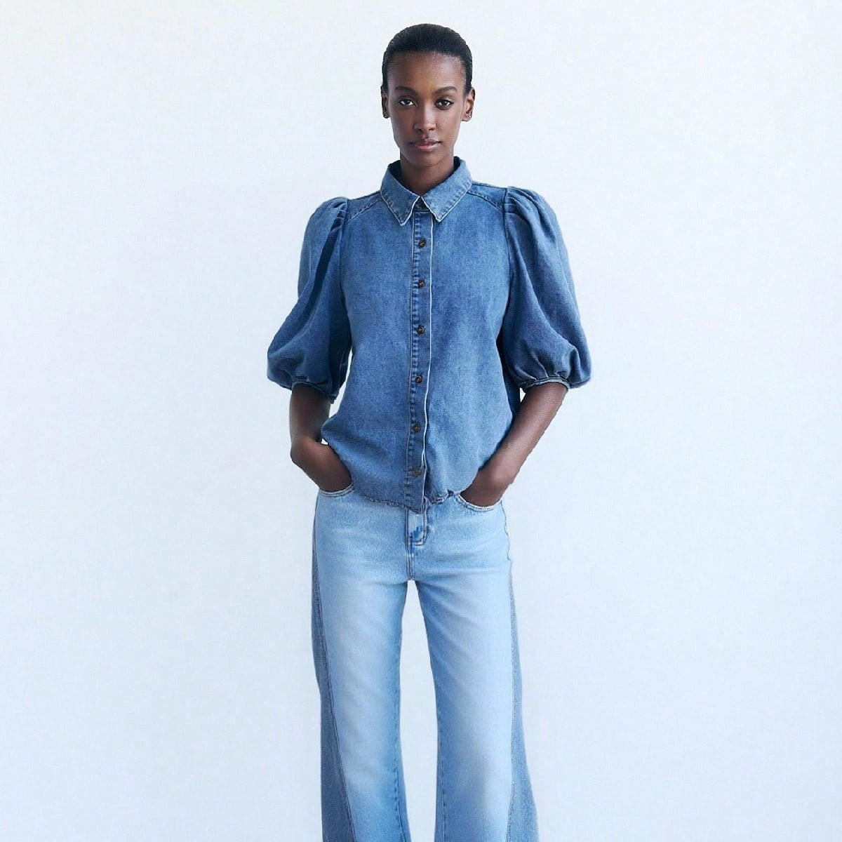 Maija Women's Blue Denim Top With Puff Sleeves, French-Style Office Wear Fall Clothes Puff Sleeve Top | SHEIN