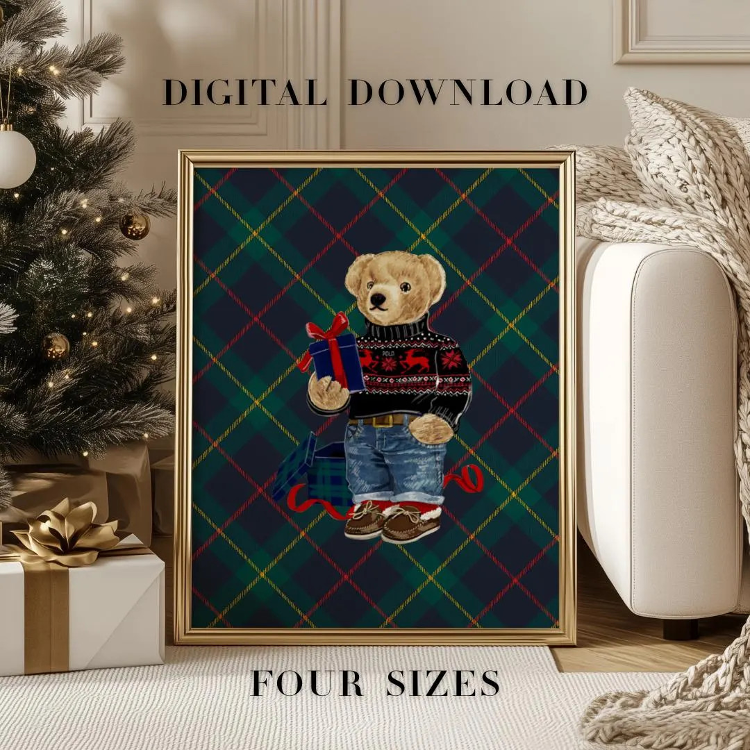 Ralph Lauren Christmas Bear Print | Digital Download | Preppy Plaid Traditional Christmas Decor | Etsy (US)