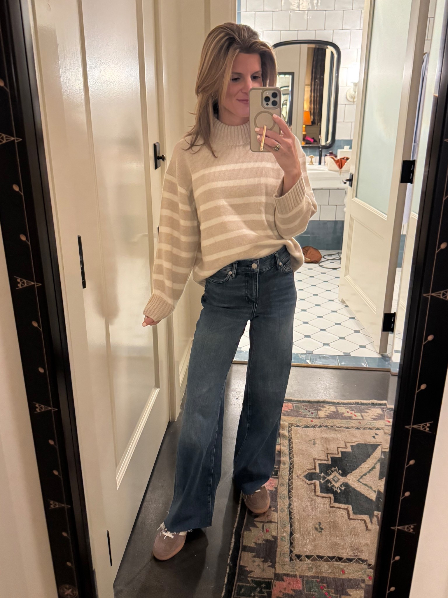 Jeans - I had to cut them because they were too long obviously. These have stretch which I love and they are high waisted. 

Sweater - wearing size XS in cashmere sweater.  the fit is a little roomy, but it is cropped. Love love. So soft! 

Shoes - I actually got my true size but I think I could’ve gone down a half a size. 