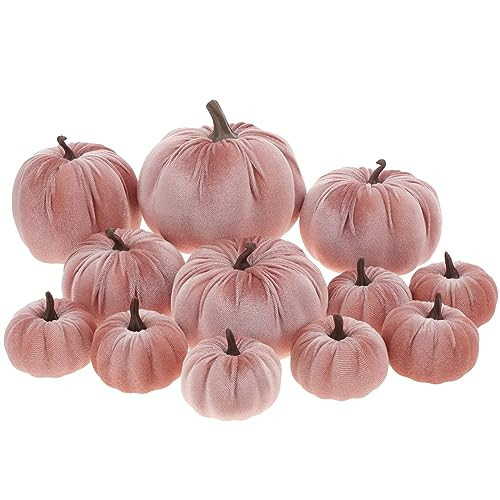 ZningEsxi 12 Pcs Artificial Velvet Fake Pumpkins Sets Halloween Thanksgiving Wedding Handmade Foam Autumn Centerpiece Kitchen Decoration Light Pink | Amazon (US)