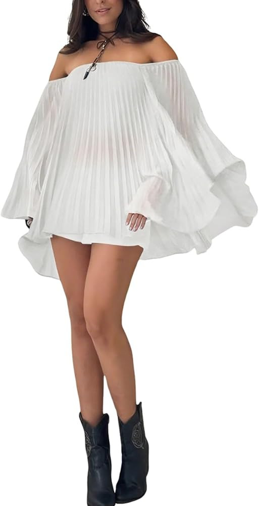 Annystore Women 2 Piece Outfits Pleated Shorts Sets Off Shoulder Bell Sleeve Oversized Shirts Bik... | Amazon (US)