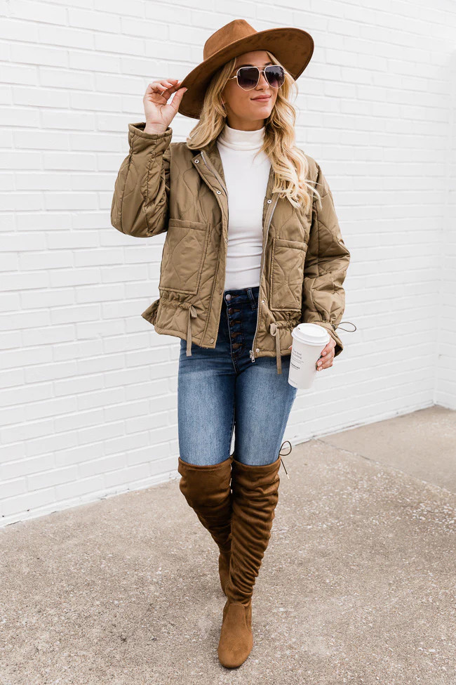 Midnight Shadows Olive Quilted Bomber Jacket | The Pink Lily Boutique