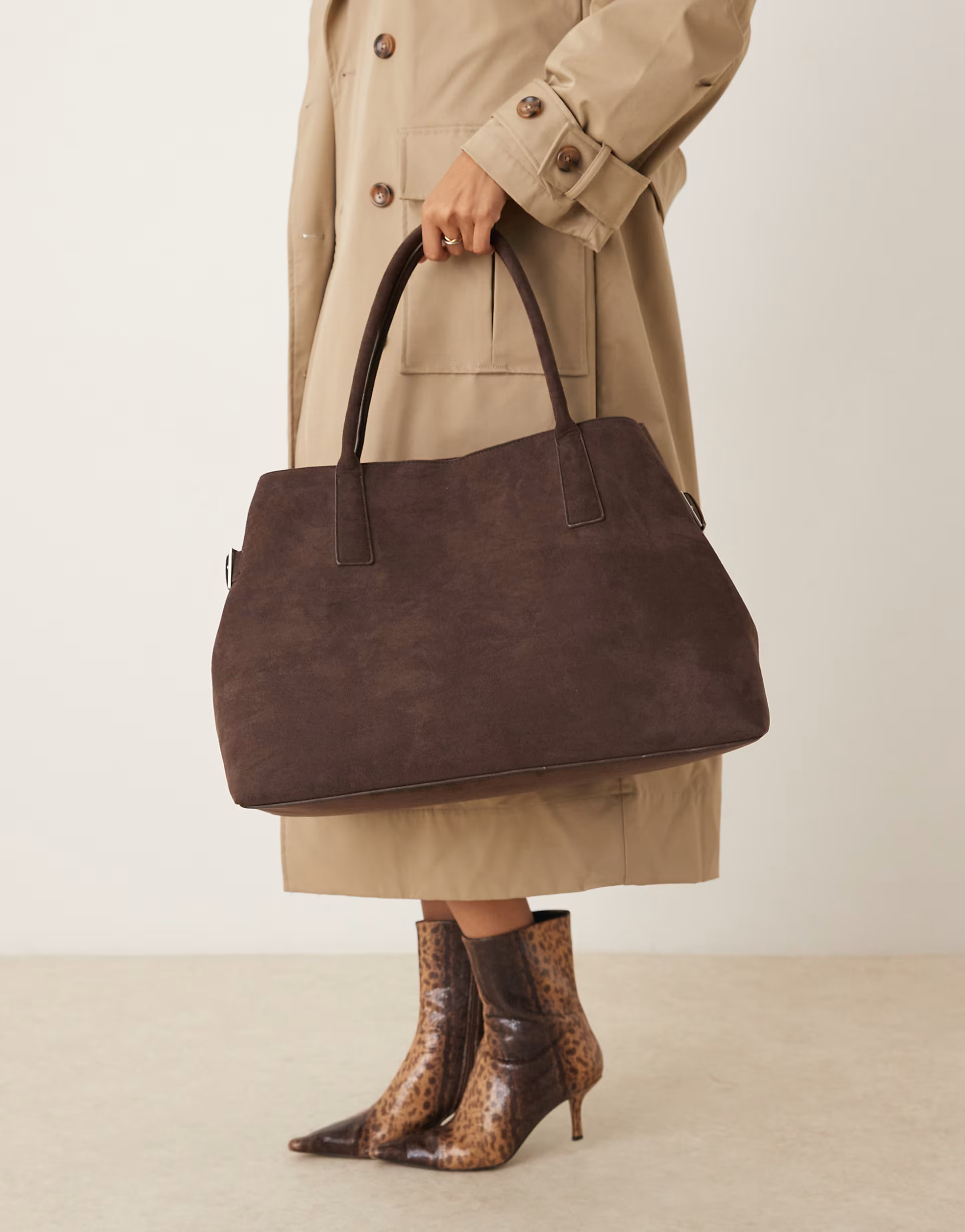 Gina Tricot faux suede large tote with buckle belt side detail in dark brown | ASOS (Global)
