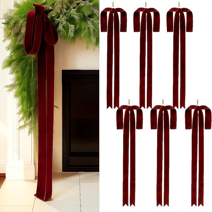Janinka 6 Pcs Burgundy Large Velvet Christmas Swag Bow 31.5 x 23.6 inch Vintage Christmas Ornamen... | Amazon (US)