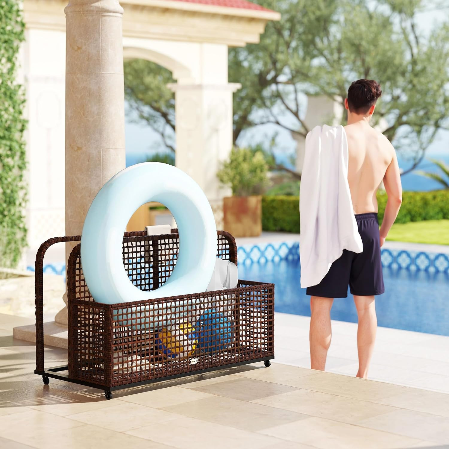 Outsunny Patio Wicker Pool Float Storage with Wheels, Outdoor Rolling PE Rattan Caddy, Includes C... | Amazon (US)