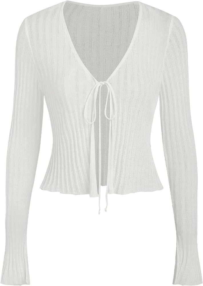 Tie Front Cardigan Long Sleeve Crop Top Light Weight 2023 Fall Solid Textured Knotted Cardigan Wh... | Amazon (US)