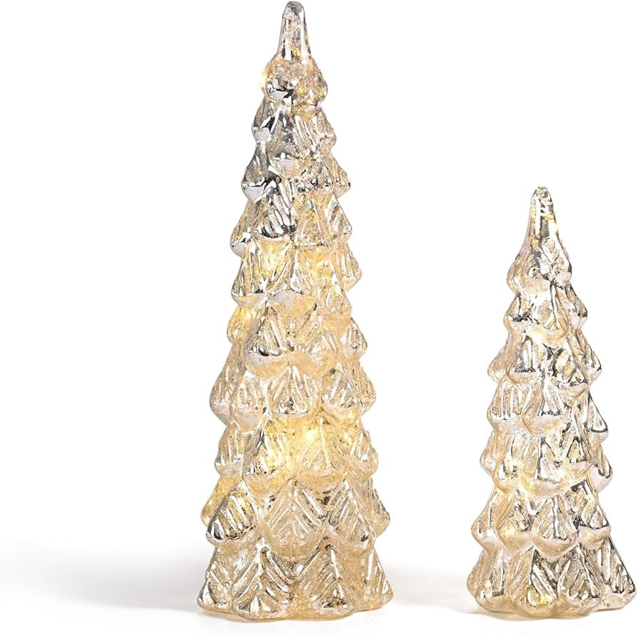 DN DECONATION Mercury Glass Christmas Tree Figurines 2Pcs Lighted Champagne Gold Xmas Trees Decor... | Amazon (US)