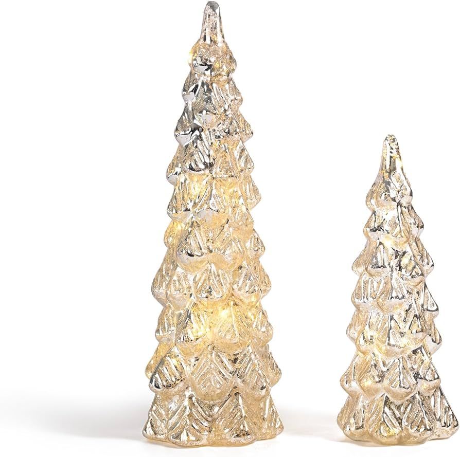 DN DECONATION Mercury Glass Christmas Tree Figurines 2Pcs Lighted Champagne Gold Xmas Trees Decor... | Amazon (US)