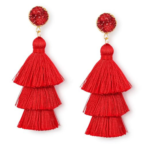 Red Earrings for Women Layered Tassel Dangle Drop Boho Fringe Red Christmas Earrings Dangling Valentines Earring for Women Trendy Jewelry Gift | Amazon (US)