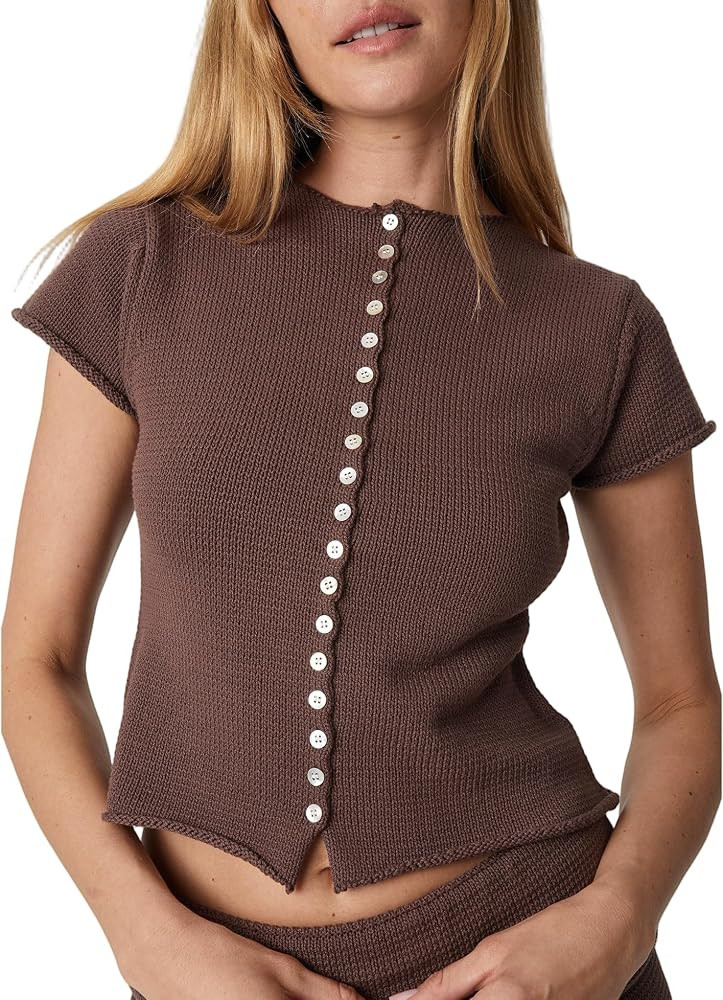 SeeLuNa Slouchy Cardigan Sweaters for Women Button Down Cap Sleeve Y2k Ribbed Knit Top Slim Fit R... | Amazon (US)