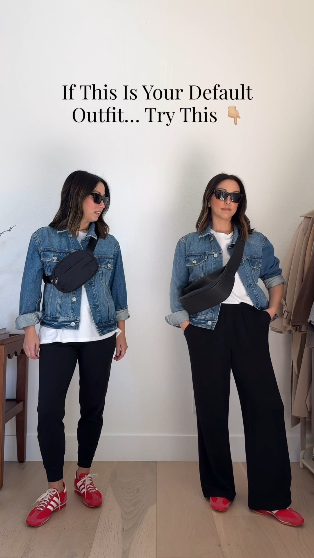 If your default is leggings, try the wide leg - this will instantly elevate your look and IMO the pants area way more comfortable. 

AYR denim jacket small
Madewell tee xs
Varley wide leg small 28” I typically wear the xs but they’re sold out
Adidas SL72 sneakers 5. Run big. 
Amazon sling bag 
YSL sunglasses 

Petite style, mom style

#LTKootd #LTKmomlife #LTKPetite