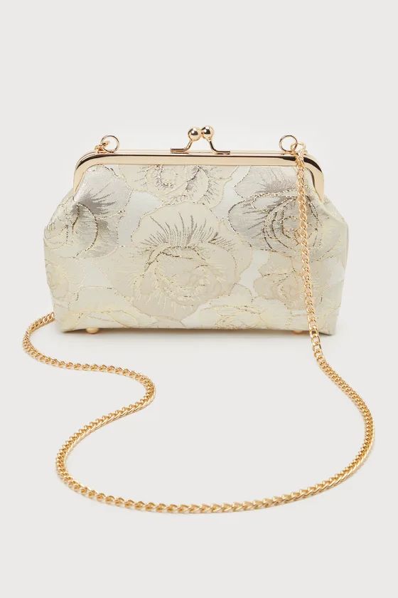 Posh Styling Ivory and Gold Satin Floral Lurex Clutch | Lulus