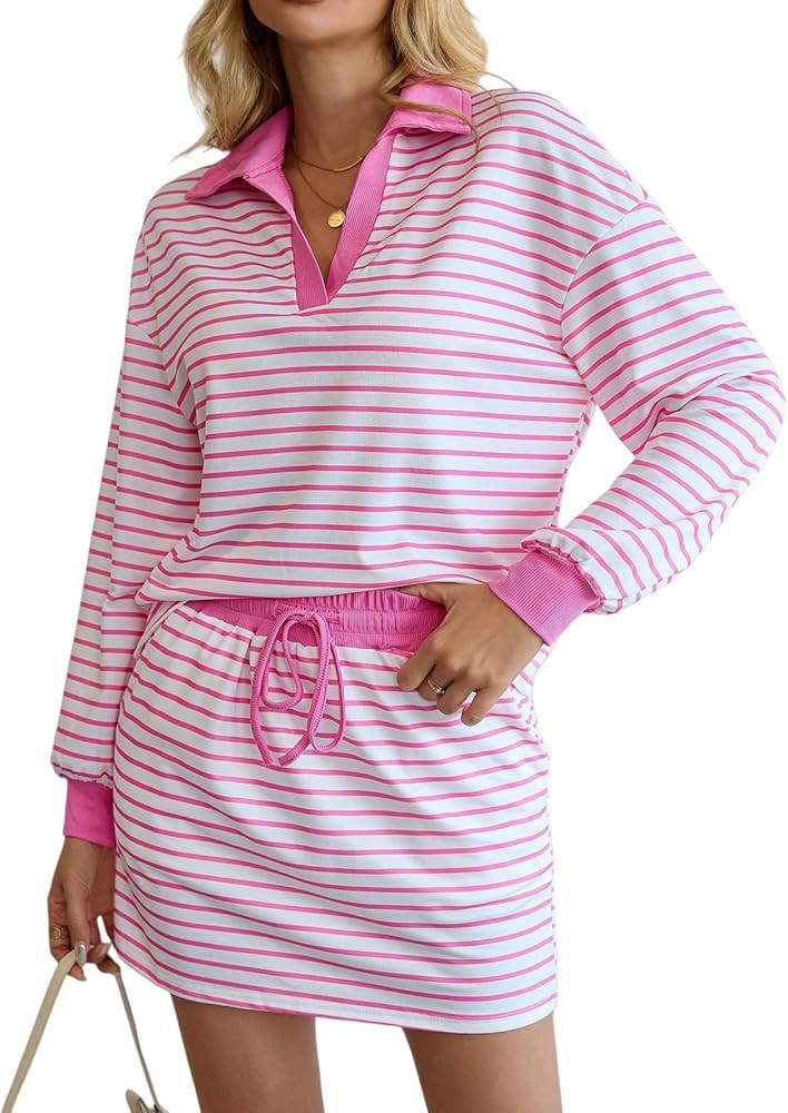 Womens 2 Piece Outfits Striped Sweatshirt Skirt Sets Long Sleeve Skort Workout Athletic Matching ... | Amazon (US)