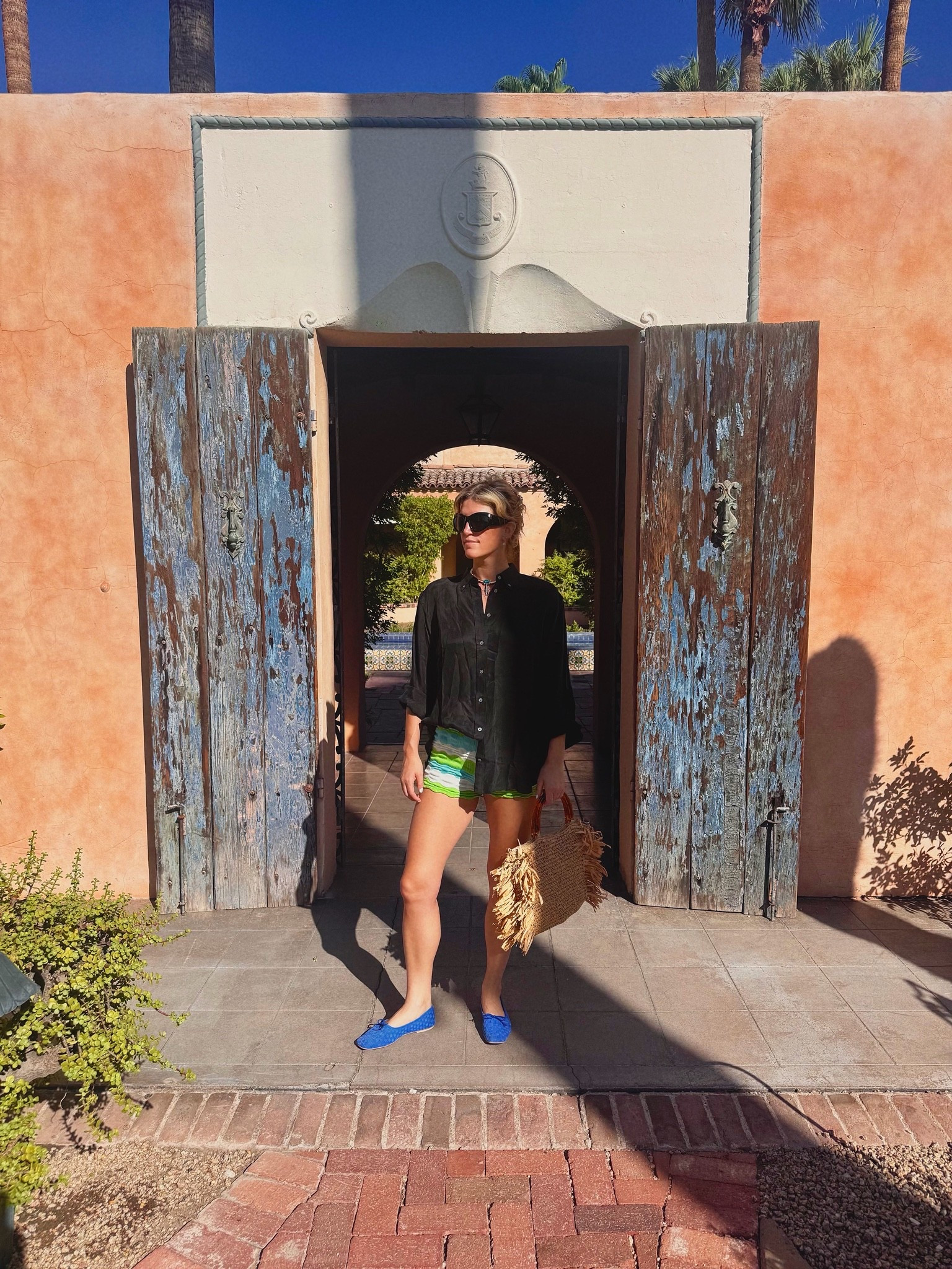 Easy summer look, cupro button down and knit shorts paired with my favorite flats