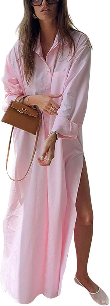CHARTOU Maxi Shirt Dress for Women Sexy High Slit Loose Fit Long Blouse Beach Holiday Dress | Amazon (US)