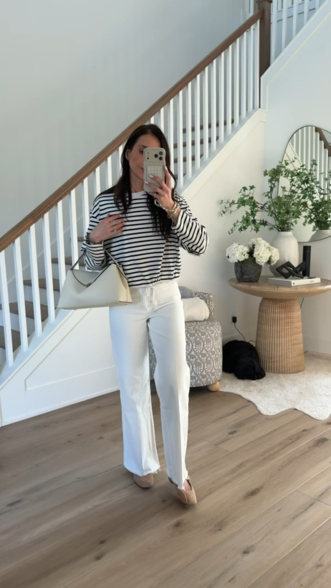 XS in top. Striped top with white jeans, cute spring outfit, wide leg jeans, amazon bag, annabrstyle.

#LTKOver40 #LTKootd
