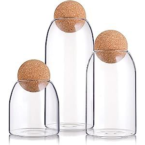 3 Pack Modern Clear Glass Storage Jar with Wood Ball Cork Lid Airtight Transparent Canister (17oz, 2 | Amazon (US)